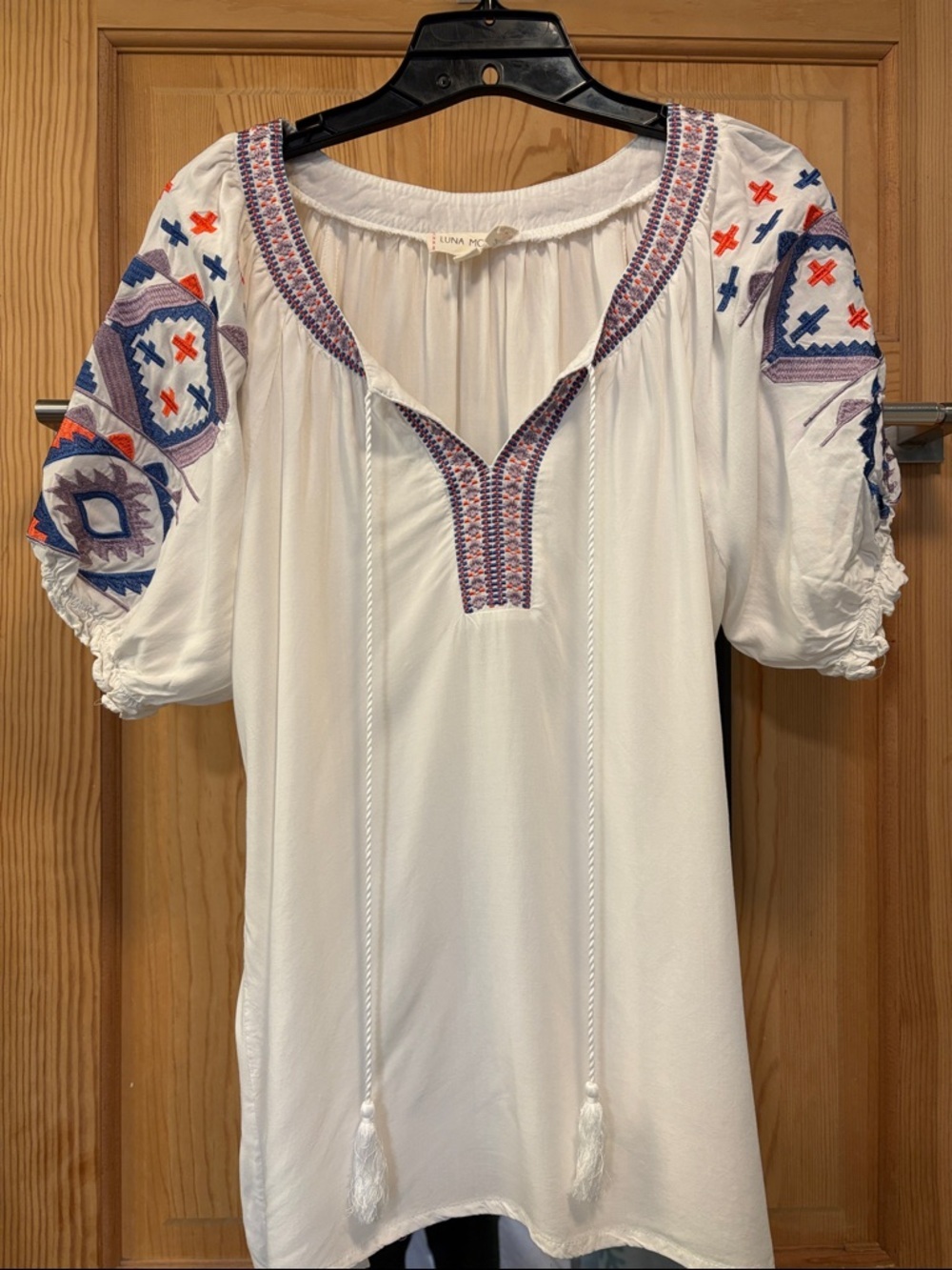Boho-style Peasant Blouse Geometric Embroidery Puff Sleeves Luna moon sz XL